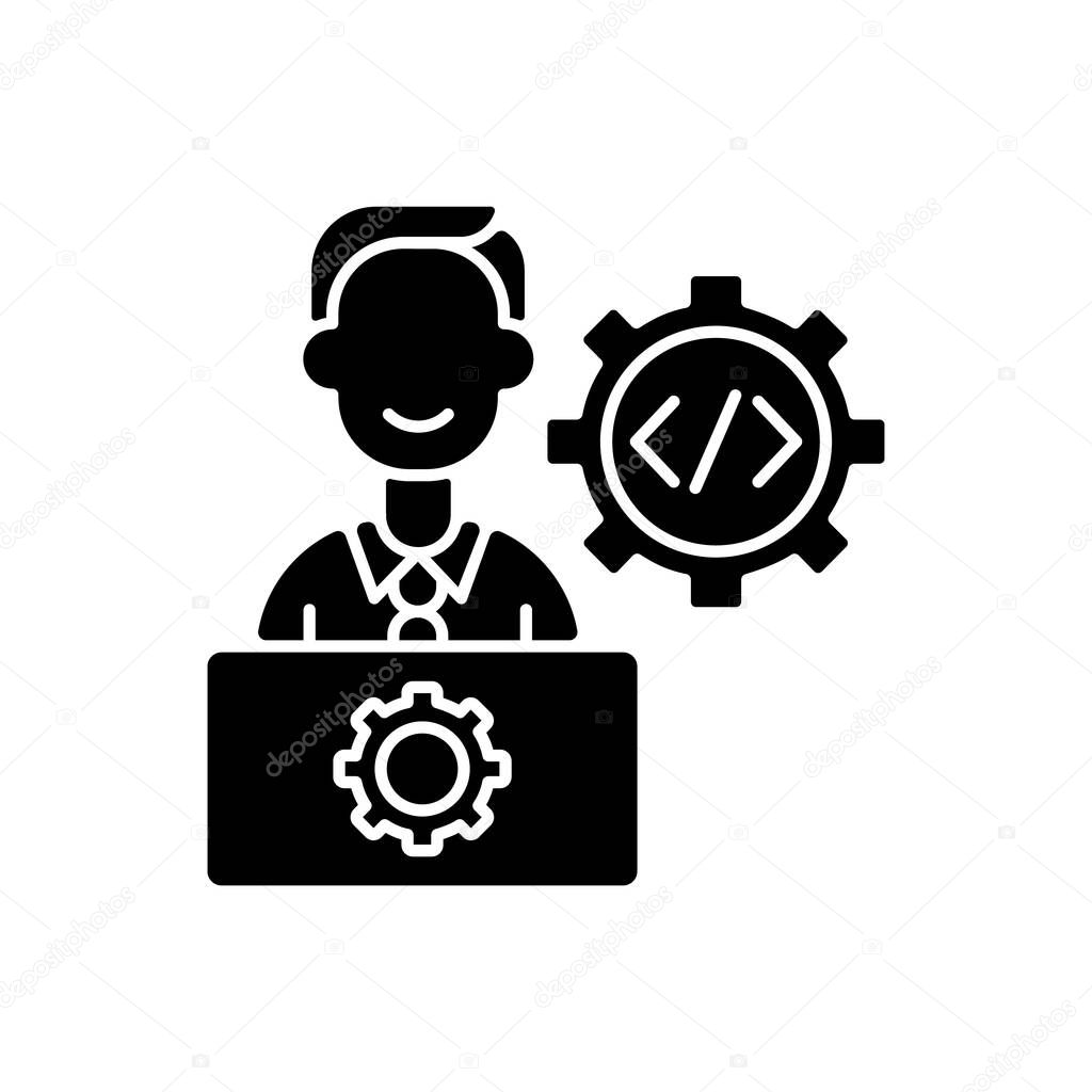 IT department black glyph icon. Computer network systems installation and maintenance. Responsibility for hardware, software. Silhouette symbol on white space. Vector isolated illustration