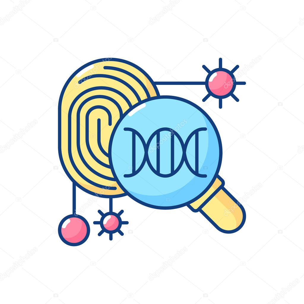 DNA fingerprinting RGB color icon. Forensic imprint scan. Genetic engineering experiment. Scientific examination. Chemistry, biology. DNA data analysis. Isolated vector illustration