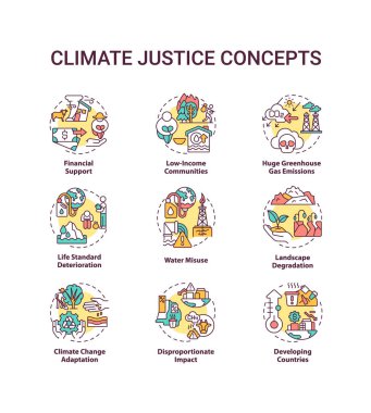 Climate justice concept icons set. Environmental protection idea thin line RGB color illustrations. Global warming. Climate change. Vector isolated outline drawings. Editable stroke clipart
