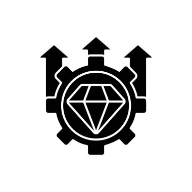 Mükemmellik, yüksek standartlı siyah sembol. Kalite kontrolü. Memnuniyet düzeyi yükseliyor. Temel şirket değerleri. İş hizmeti. Beyaz uzayda siluet sembolü. Vektör izole illüstrasyonu