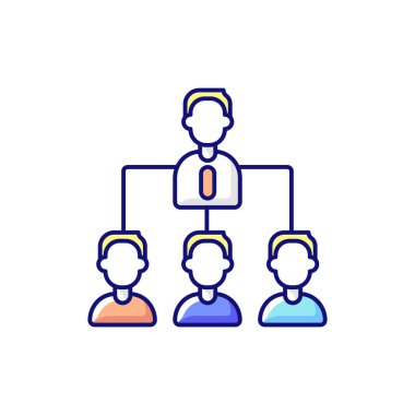 Geleneksel şirket yapısı RGB renk simgesi. Lider ve birden fazla alt tabaka. İş hayatında hiyerarşi. Rol ve sorumluluklar. Departmanlı çalışanlar. İzole vektör illüstrasyonu