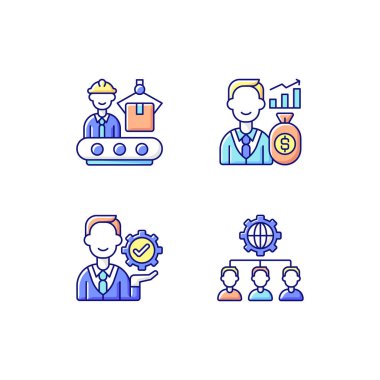 Şirket hiyerarşik yapısı RGB renk simgeleri ayarlandı. Üretim departmanı. Yatırımcı. Dış kaynak uygulaması. Ham maddeler dönüştürülüyor. Yönetimden. Kâr etmek. İzole vektör çizimleri