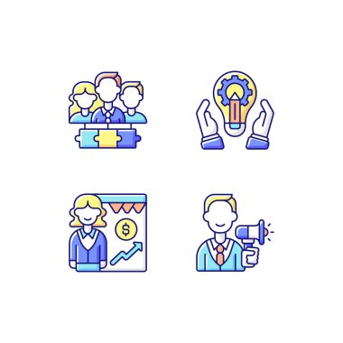 Hiyerarşik org yapısı RGB renk simgeleri ayarlandı. Takım çalışması, işbirliği. Geliştirme, yaratıcı bölümler. Satış şoförlüğü. Terfi, pazarlama. Fikir üretiyorlar. İzole vektör çizimleri