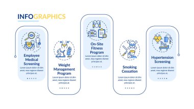 Çalışma alanı sağlık programları vektör bilgi şablonu. Check-up 'lar, sunum tasarım elemanlarını sigara içmeyi bırakın. Veri görselleştirmesi 5 adımda. Zaman çizelgesi. Doğrusal simgelerle çalışma akışı düzeni