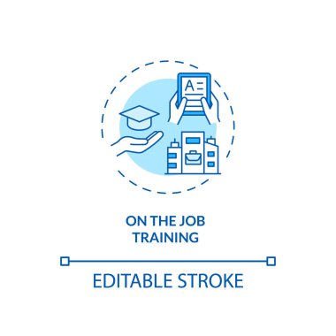 İşteki eğitim konsepti ikonu. Personel geliştirme yöntemi ince çizgi çizimi fikri. Gerçek iş ortamında performans sergilemek. Vektör izole edilmiş RGB renk çizimi. Düzenlenebilir vuruş