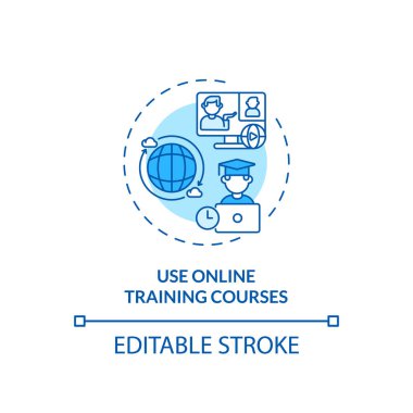 Çevrimiçi eğitim kursları konsept simgesi kullanılıyor. Personel, ince çizgili çizim fikrine karşı çıkıyor. Kendi kendini yöneten eğitim. Çevrimiçi dersler. Vektör izole edilmiş RGB renk çizimi. Düzenlenebilir vuruş