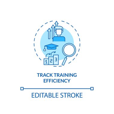 Eğitim verimliliği konsepti ikonu takip ediliyor. Personel, ince çizgili çizim fikrine karşı çıkıyor. Performansı gözlemliyorum. İstatistikler analiz ediliyor. Vektör izole edilmiş RGB renk çizimi. Düzenlenebilir vuruş