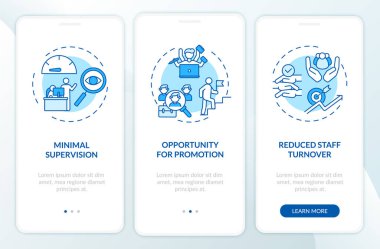 Çalışan geliştirme avantajları kavramlarla mobil uygulama sayfası ekranında. Asgari gözetim, promosyon yürüyüşü 3 aşamalı grafik talimatlar. RGB renk resimleriyle UI vektör şablonu