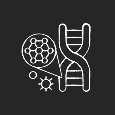 DNA yapısı siyah arkaplanda beyaz tebeşir simgesi. Kromozom incelemesi. Mikrobiyoloji deneyi. Biyoteknoloji araştırması. Genetik mühendisliği. İzole edilmiş vektör karatahta çizimi