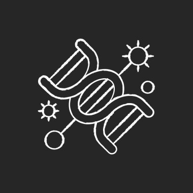 Siyah arka planda genetik tebeşirle beyaz simge. Biyoteknoloji araştırması. DNA veri analizi. Genetik mühendisliği. Evrim ve mutasyon deneyi. İzole edilmiş vektör karatahta çizimi