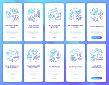 Mobil uygulama sayfası ekranında konseptlerle iklim adaleti kategorileri. İklim adaleti 10 adımdan geçer. Küresel ısınma RGB renk resimleriyle UI vektör şablonu