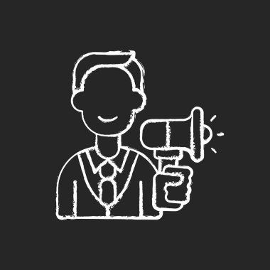 Reklam departmanı siyah arka planda beyaz tebeşir ikonu. Reklamlar yaratıp idare etmek. Terfi ve pazarlama. Hedef kitle tutumlarını etkiliyor. İzole edilmiş vektör karatahta çizimi