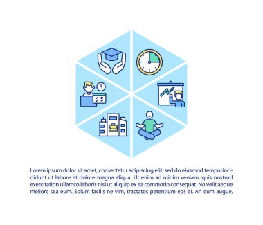 Metinli işyeri sağlık konsepti simgesi. Sağlıklı davranışı destekleyin ve sağlık sonuçlarını iyileştirin. PPT sayfa vektör şablonu. Broşür, dergi, kitapçık tasarım ögesi doğrusal çizimler