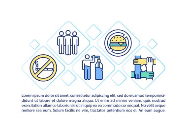 Metinli işyeri sağlık konsepti simgesi. Sağlıklı standartların iyileştirildiği bir çalışma ortamı. PPT sayfa vektör şablonu. Broşür, dergi, kitapçık tasarım ögesi doğrusal çizimler