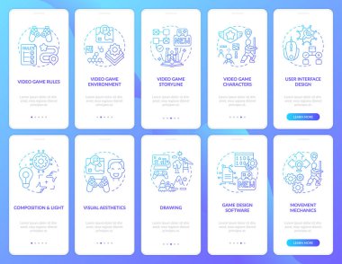 Mobil uygulama sayfası ekranında konseptlerle bilgisayar oyunu tasarımı. Video oyunu oluşturma süreci 10 adımda grafik talimatları gözden geçirir. RGB renk resimleriyle UI vektör şablonu