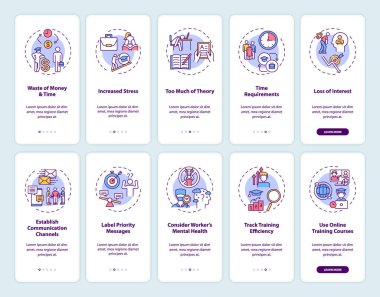 Çalışan eğitimi ve geliştirme gezici uygulama sayfası ekranında kavramları ayarlanmış. Personel 5 basamaklı grafiksel talimatları tekrar gözden geçiriyor. RGB renk resimleriyle UI vektör şablonu