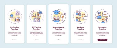 Mobil uygulama sayfası ekranında kavramlarla personel eğitimi yöntemleri. İş başında ve görev başında olmayan eğitimle ilgili 5 aşamalı grafik talimatlar. RGB renk resimleriyle UI vektör şablonu