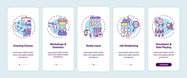 Mobil uygulama sayfasında kavramları olan personel eğitim tipleri. Akşam dersleri, simülasyon, seminerler 5 adımlık grafik talimatlar. RGB renk resimleriyle UI vektör şablonu