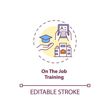 İşteki eğitim konsepti ikonu. Personel geliştirme yöntemi ince çizgi çizimi fikri. Yetenek, bilgi ve beceri öğrenme. Vektör izole edilmiş RGB renk çizimi. Düzenlenebilir vuruş