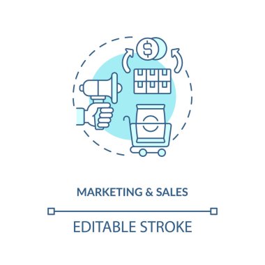 Pazarlama stratejileri geliştirme kavramı simgesi. Satış seviyesi yükseltme operasyonu fikri ince çizgi çizimi. Maliyet azaltma önlemleri. Vektör izole edilmiş RGB renk çizimi. Düzenlenebilir vuruş