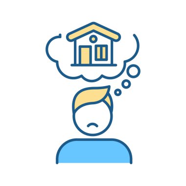 Ev hasreti RGB renk ikonu. Evimi düşünüyorum. Aileyi düşündüm ve hayal ettim. Duygusal bir bağlılık. Evini özleyen öğrenci. Yalnızlık hissi veriyor. Birinci sınıf akıl sağlığı. İzole vektör illüstrasyonu