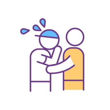 Zihinsel çöküntü, ağlayan adam RGB renk ikonu. Arkadaş strese ve endişeye karşı yardımcı olur. Psikolojik travma. Üzgün ve depresif hissediyorum. Danışmanlık ve psikoterapi. İzole vektör illüstrasyonu