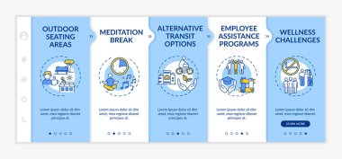 Şirketin refahı vektör şablonunda. Meditasyon molası. Alternatif taşıma. Sağlık sorunları var. Simgeli ilgili mobil web sitesi. Web sayfası basamak ekranları. RGB renk kavramı