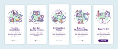 Mobil uygulama sayfasında kavramlarla birlikte maliyet azaltma stratejileri. Tedarikçi konsolidasyon 5 adımlık grafik talimatları gözden geçiriyor. RGB renk resimleriyle UI vektör şablonu