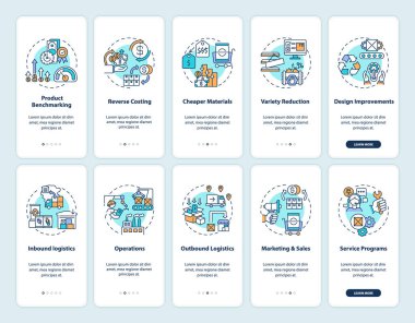 Mobil uygulama sayfası ekranında konseptlerle birlikte değer zinciri bileşenleri. İş süreci optimizasyonu 5 aşamalı grafik talimatlar. RGB renk resimleriyle UI vektör şablonu