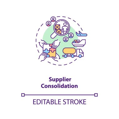 Tedarikçi konsolidasyon ikonu. Ürün kalitesi geliştirme fikri ince çizgi çizimi. Maliyet azaltma stratejisi. Kâr artışı. Vektör izole edilmiş RGB renk çizimi. Düzenlenebilir vuruş