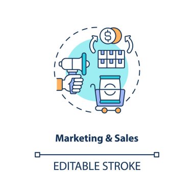 Pazarlama stratejileri geliştirme kavramı simgesi. Satış işlemleri fikrini optimize et. Maliyet azaltma önlemleri. Vektör izole edilmiş RGB renk çizimi. Düzenlenebilir vuruş