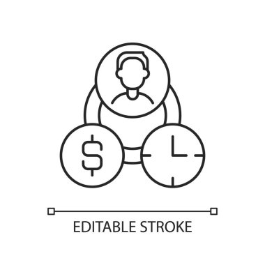 RFM analiz doğrusal simgesi. Müşterinin mevcut değerini analiz etme ve hesaplama stratejisi. İnce çizgi özelleştirilebilir illüstrasyon. Contour sembolü. Vektör izole çizim. Düzenlenebilir vuruş