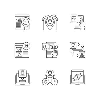 Web analizi doğrusal simgeleri ayarlandı. Cihazın yer belirleme fonksiyonları ile kullanıcı konumu alınıyor. Özelleştirilebilir ince çizgi şekilleri. İzole vektör çizimi çizimleri. Düzenlenebilir vuruş