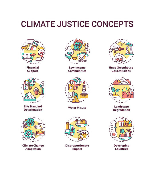 Climate justice concept icons set. Environmental protection idea thin line RGB color illustrations. Global warming. Climate change. Vector isolated outline drawings. Editable stroke