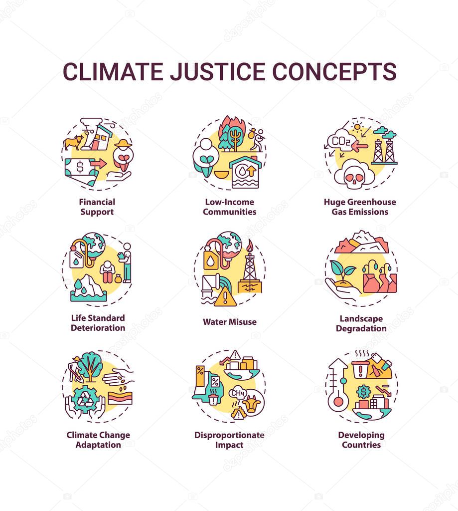 Climate justice concept icons set. Environmental protection idea thin line RGB color illustrations. Global warming. Climate change. Vector isolated outline drawings. Editable stroke