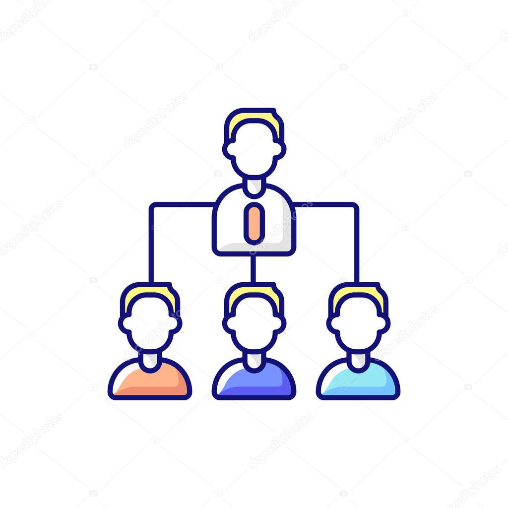 Traditional company structure RGB color icon. Leader and multiple subordinates layers. Hierarchy in business. Role and responsibilities. Departmentalized employees. Isolated vector illustration