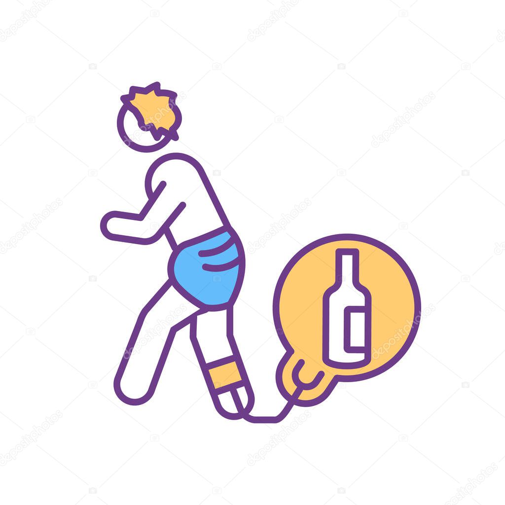 Alcoholism RGB color icon. Alcohol addiction and dependence. Person with unhealthy lifestyle, bad habit. Drug abuse. Alcoholic in need of rehabilitation. Isolated vector illustration