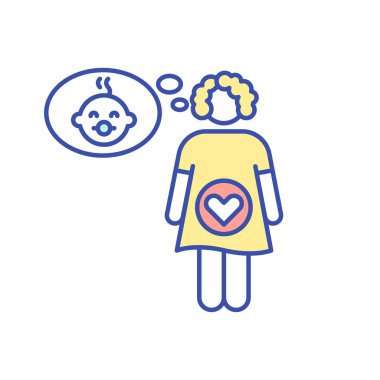 Hamile kadın RGB renk ikonu. Annenin bebeği düşünmesini bekliyorum. Annelik deneyimi. Annelik ve annelik aşkı. Genç hamile anne. Doğum, aile. İzole vektör illüstrasyonu