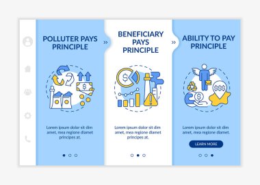 Gelişmekte olan ülkeler vektör şablonunda. Simgeli ilgili mobil web sitesi. Çevresel koruma. Kirletici prensipleri öder. Web sayfası gezintisi 3 adım ekranı. RGB renk kavramı