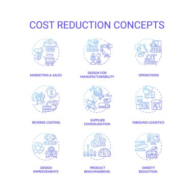 Maliyet azaltma mavi gradyan konsept simgeleri belirlendi. Şirket optimizasyon fikri ince çizgi RGB renk çizimleri. İş süreci optimizasyonu. Vektör izole çizimler. Maliyet tasarrufu stratejisi