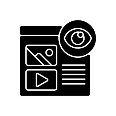 Pageviews siyah kabartma simgesi. İnternet kullanıcısının belli bir sayfayı ziyaret etme durumu. Tam sayfa izlendiğinde kaydet. Beyaz uzayda siluet sembolü. Vektör izole illüstrasyonu