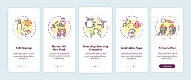 Mobil uygulama sayfasında konseptli ev güzelliği tedavileri. Kendi kendine bronzlaşma, smoothie, meditasyon yürüyüşü 5 adım grafik talimatlar. RGB renk resimleriyle UI vektör şablonu