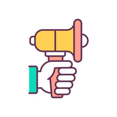 Adamın eli bir hoparlör RGB renk ikonunu tutuyor. Uyarı, duyuru, uyarı, fiyat indirimi duyurusu. Önemli bir bilgi. Değerli zincir bileşenleri. İzole vektör illüstrasyonu