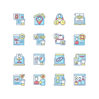 Web analizi RGB renk simgeleri ayarlandı. Ziyaret sitesindeki müşteri davranışları. İnternet sitesi trafiği daha fazla bilgi almak için analiz ediyor. İzole vektör çizimleri