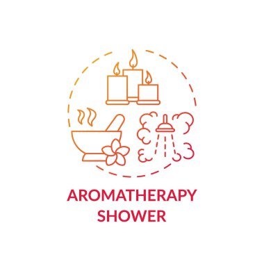 Aromaterapi duş konsepti ikonu. Ev spa prosedürü fikri ince çizgi çizimi. Baş ağrısı ve migren tedavisi. Alternatif tıp. Stresi azaltıyor. Vektör izole edilmiş RGB renk çizimi