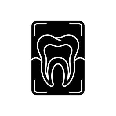 Diş röntgeni siyah kabartma simgesi. Dişçi radyografisi. Diş tedavisi için aletler. Diş araştırma tekniği. Beyaz uzayda siluet sembolü. Diş bakımı. Vektör izole illüstrasyonu