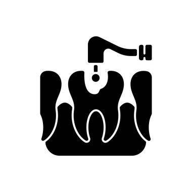Kara kabartma simgesini tedavi eder. Ağrısız diş tedavisi. Profesyonel diş bakımı. Taç restorasyonu. Endodontik kanal tedavisi. Beyaz uzayda siluet sembolü. Vektör izole illüstrasyonu