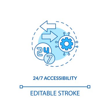 7 / 24 erişilebilirlik kavramı simgesi. SaaS avantaj fikir ince çizim illüstrasyon. Müşteri yüzlü teknolojiler. Ne zaman istersen. Vektör izole edilmiş RGB renk çizimi. Düzenlenebilir vuruş