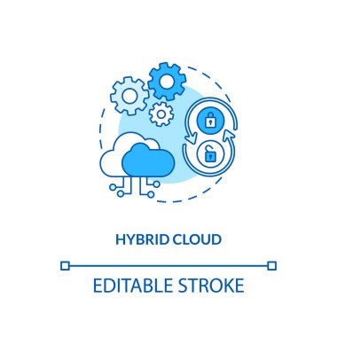 Melez bulut konsepti ikonu. SaaS dağıtım modeli fikri ince çizgi çizimi. Esneklik, güvenlik, uyum seçenekleri. Bulut kaynakları. Vektör izole edilmiş RGB renk çizimi. Düzenlenebilir vuruş