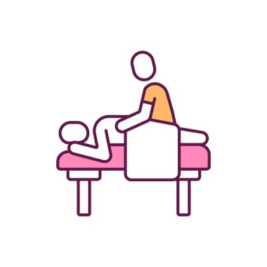 Vücut masajı RGB renk ikonu. Vücut yumuşak dokuları manipüle eder. Masaj terapisi. Gevşeme artıyor. Kasları ağrıtıyor ve stresi azaltıyor. Deri, kaslar yuvarlanıyor ve bastırılıyor. İzole vektör illüstrasyonu